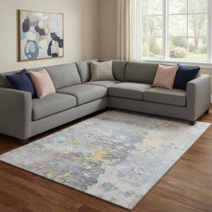 HomeRoots 8' Granite Gray Teal & Blush Abstract Washable Area Rug - UV Protected, Stain Resistant, Durable Design 692182