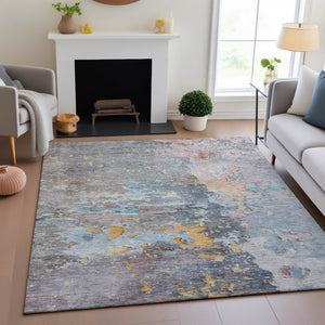 HomeRoots 8' Granite Gray Teal & Blush Abstract Washable Area Rug - UV Protected, Stain Resistant, Durable Design 692182