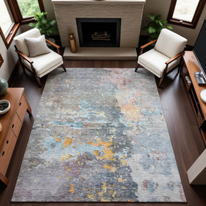 HomeRoots 8' Granite Gray Teal & Blush Abstract Washable Area Rug - UV Protected, Stain Resistant, Durable Design 692182