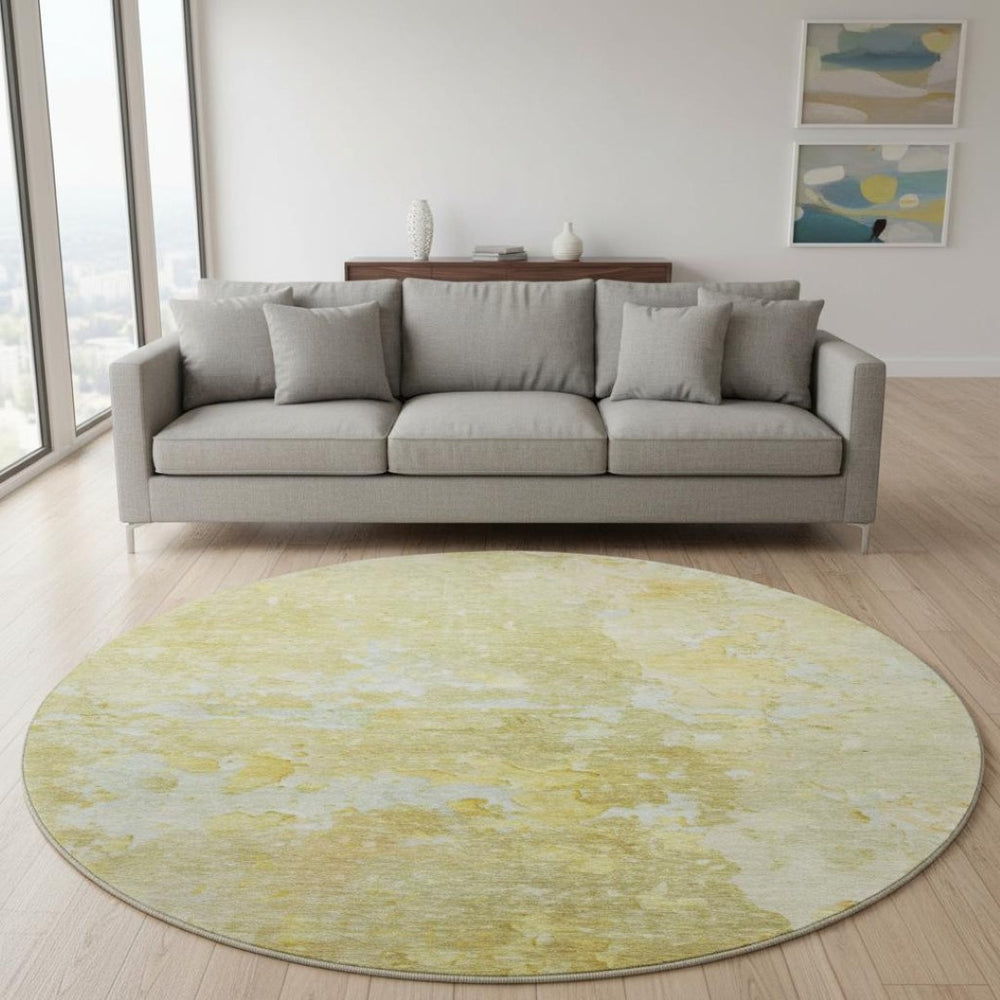 HomeRoots 8' X 8' Stylish Gold Beige Ivory Abstract Round Area Rug - Washable, UV Protected, Durable Design 692187