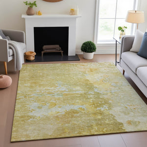 HomeRoots 8' Gold Beige and Ivory Abstract Washable Area Rug - Stain-Resistant, UV Protected for Modern Homes 692188
