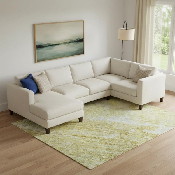 HomeRoots 9' x 12' Gold Beige Ivory Abstract Area Rug - Washable, UV-Protected, Durable for Family Spaces 692189