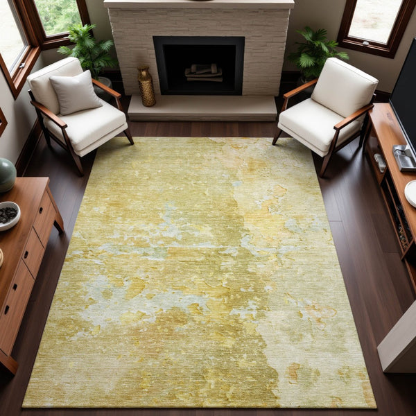 HomeRoots 9' x 12' Gold Beige Ivory Abstract Area Rug - Washable, UV-Protected, Durable for Family Spaces 692189