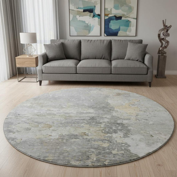 HomeRoots 8' X 8' Abstract Gray Beige Tan Round Rug - Washable, Stain-Resistant, UV Protected for Modern Homes 692193