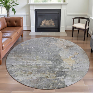 HomeRoots 8' X 8' Abstract Gray Beige Tan Round Rug - Washable, Stain-Resistant, UV Protected for Modern Homes 692193