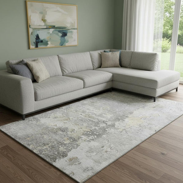 HomeRoots 8' Stylish Gray Beige Tan Abstract Area Rug - Washable, UV Protected, Durable for High-Traffic Spaces 692194