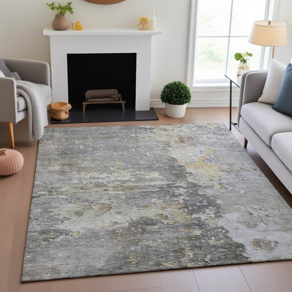 HomeRoots 9' X 12' Stylish Gray Beige Tan Abstract Area Rug – Washable, UV Protected, Durable for High Traffic Areas 692195