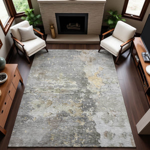 HomeRoots 9' X 12' Stylish Gray Beige Tan Abstract Area Rug – Washable, UV Protected, Durable for High Traffic Areas 692195