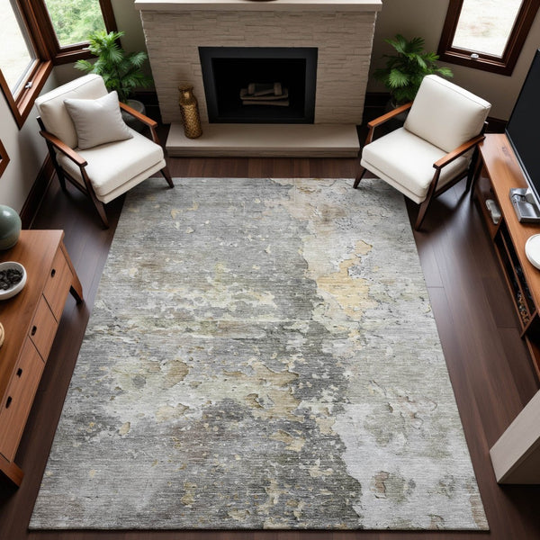 HomeRoots 9' X 12' Stylish Gray Beige Tan Abstract Area Rug – Washable, UV Protected, Durable for High Traffic Areas 692195