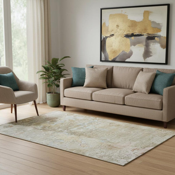 HomeRoots 5' Khaki Gray and Gold Abstract Area Rug - Washable, UV-Protected, Perfect for Busy Homes & Style! 692198