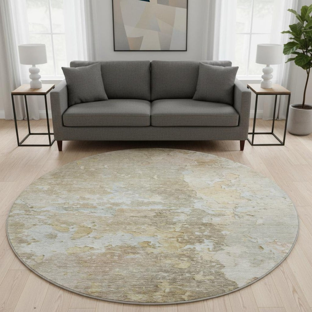HomeRoots 8' X 8' Khaki Gray and Gold Abstract Washable Round Rug with UV Protection for Kids & Pets' Safety 692199