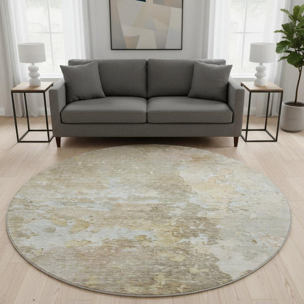 HomeRoots 8' X 8' Khaki Gray and Gold Abstract Washable Round Rug with UV Protection for Kids & Pets' Safety 692199