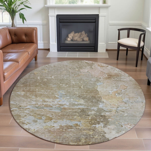 HomeRoots 8' X 8' Khaki Gray and Gold Abstract Washable Round Rug with UV Protection for Kids & Pets' Safety 692199