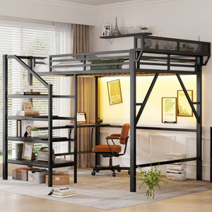 English Elm Queen Metal Loft Bed with Staircase Storage Foldable Desk and Built-in Charging W2580S00073