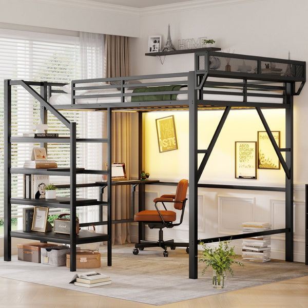 English Elm Queen Metal Loft Bed with Staircase Storage Foldable Desk and Built-in Charging W2580S00073