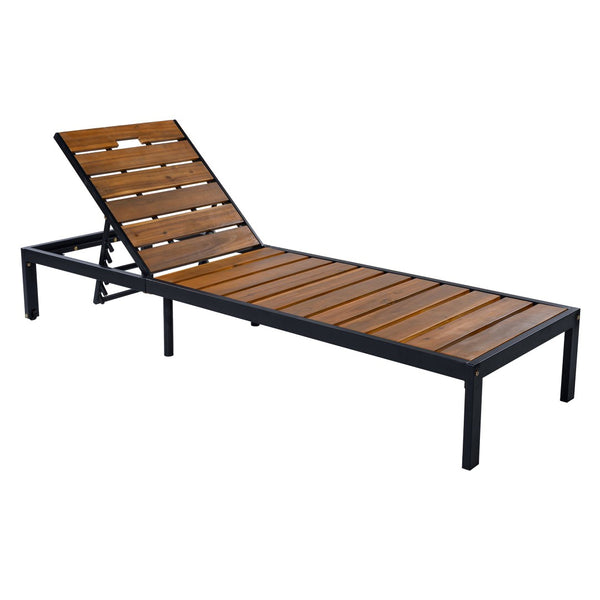 English Elm Outdoor Acacia Wood Slat Chaise Lounge with Powder Coated Frame for Patio Resort Black+Natural N719P383161B