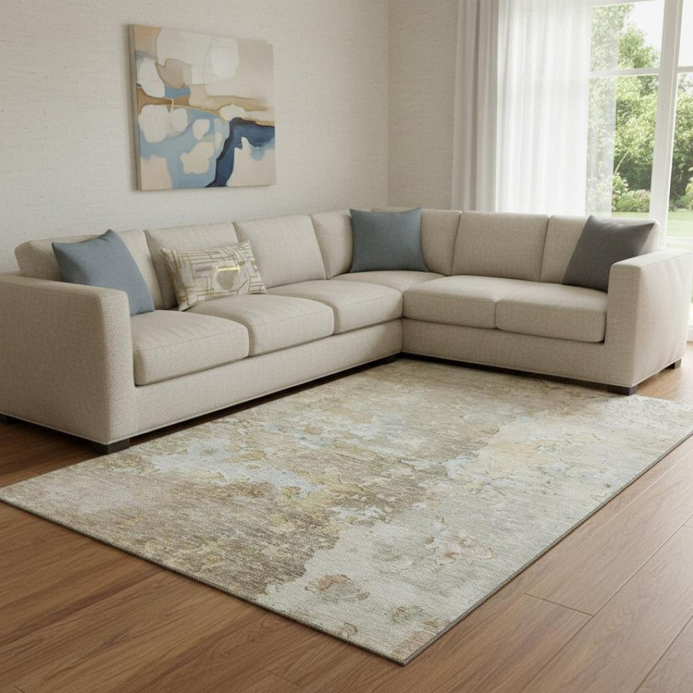 HomeRoots 8' Khaki Gray and Gold Abstract Area Rug - Washable, UV Protected, Stain Resistant for Busy Homes 692200