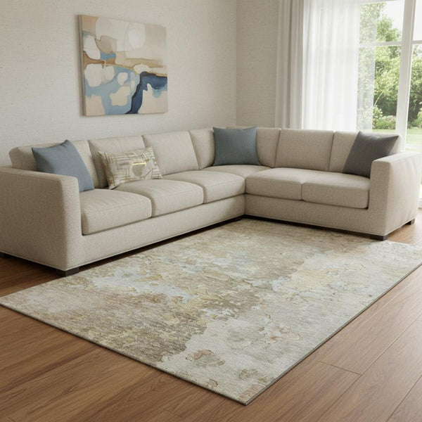 HomeRoots 8' Khaki Gray and Gold Abstract Area Rug - Washable, UV Protected, Stain Resistant for Busy Homes 692200