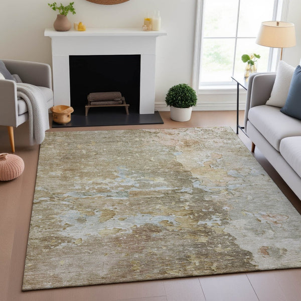 HomeRoots 8' Khaki Gray and Gold Abstract Area Rug - Washable, UV Protected, Stain Resistant for Busy Homes 692200