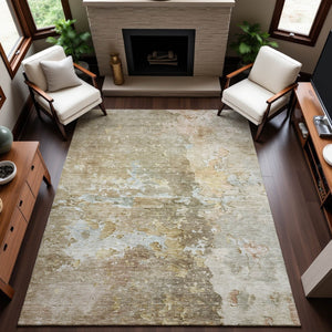 HomeRoots 8' Khaki Gray and Gold Abstract Area Rug - Washable, UV Protected, Stain Resistant for Busy Homes 692200