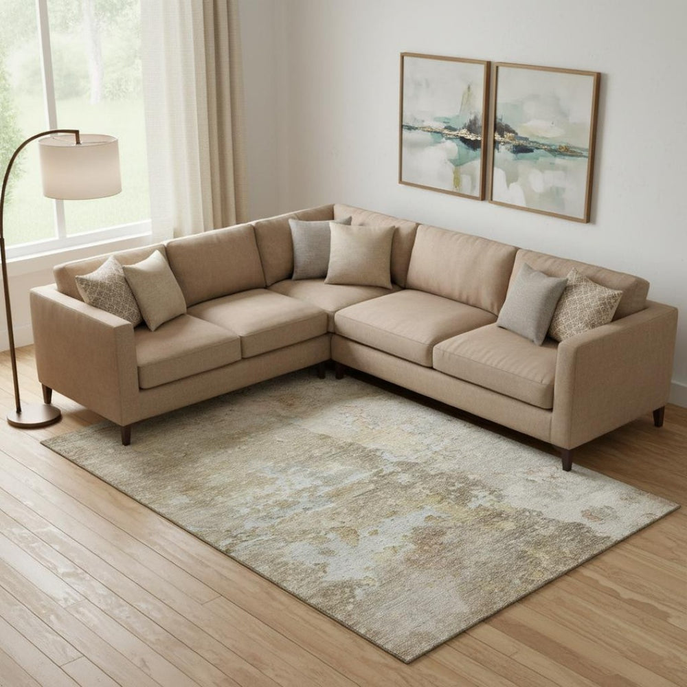 HomeRoots 9' X 12' Khaki Gray & Gold Abstract Area Rug – Durable, Washable with UV Protection for Busy Homes 692201