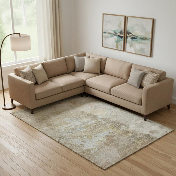 HomeRoots 9' X 12' Khaki Gray & Gold Abstract Area Rug – Durable, Washable with UV Protection for Busy Homes 692201