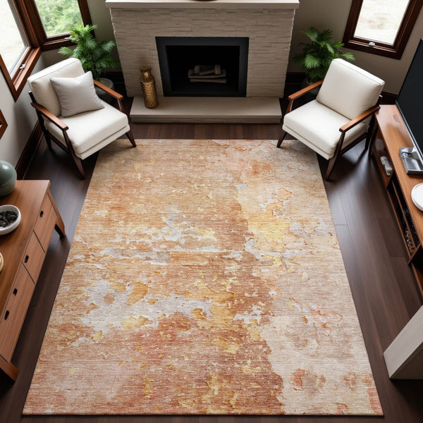 HomeRoots 5' X 8' Salmon Ivory Gold Abstract Washable Area Rug - Durable, Stain Resistant, UV Protected Beauty 692204