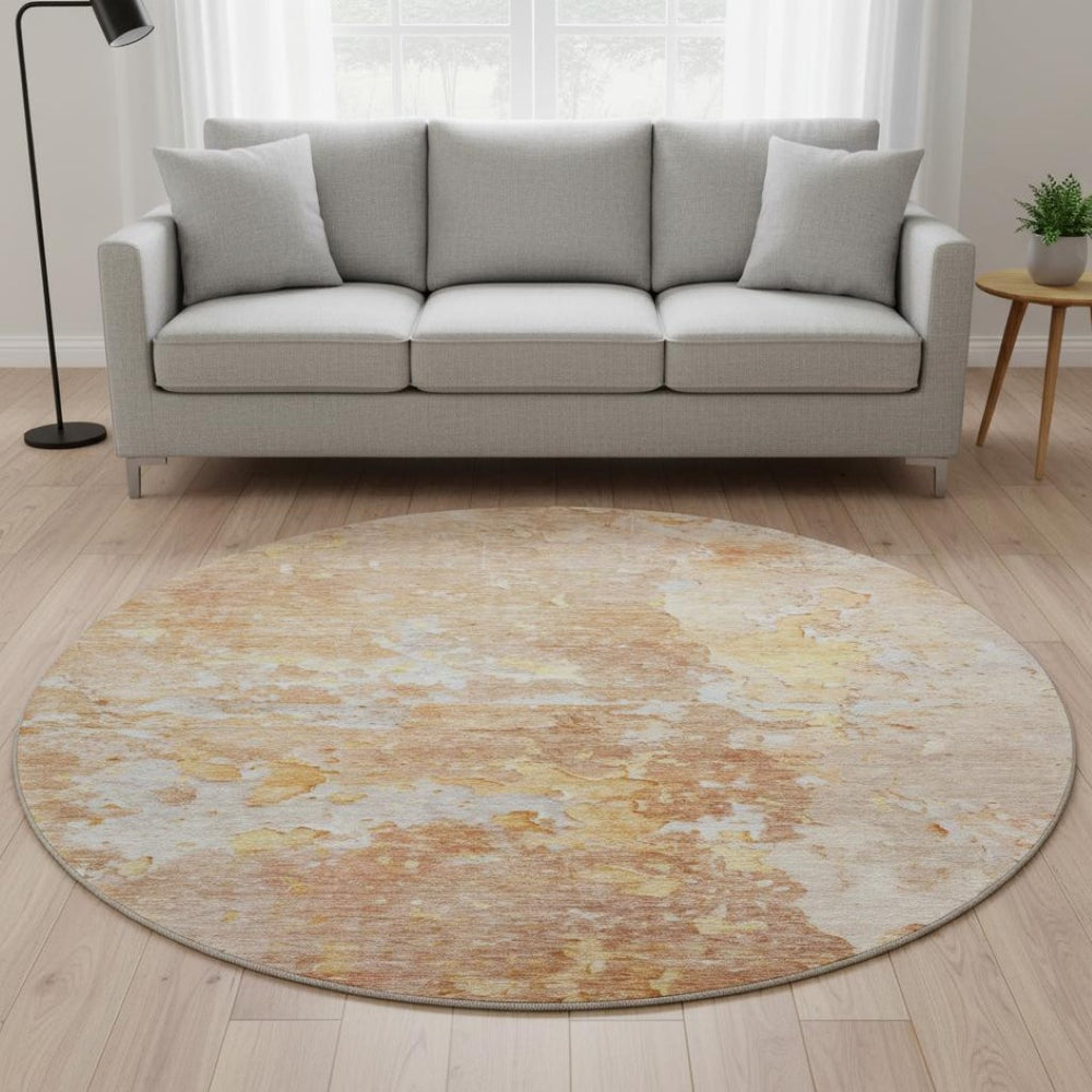 HomeRoots 8' X 8' Salmon Ivory Gold Abstract Round Rug - Washable, UV Protected, Non-Slip for Stylish Living Spaces 692205