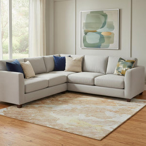 HomeRoots 8' Salmon Abstract Area Rug with Gold & Ivory - Washable, UV-Protected, Stain-Resistant Design 692206