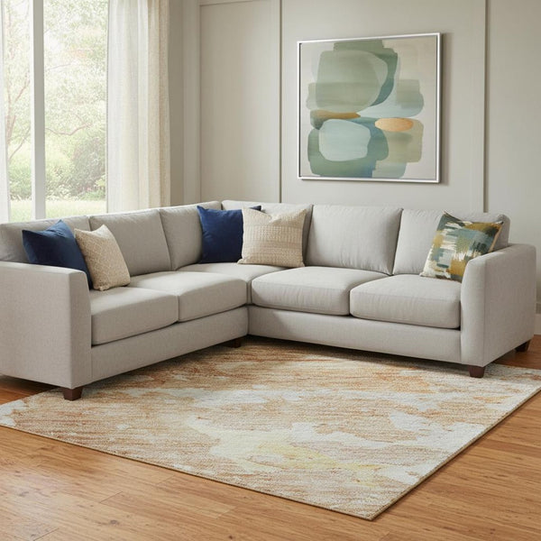 HomeRoots 8' Salmon Abstract Area Rug with Gold & Ivory - Washable, UV-Protected, Stain-Resistant Design 692206