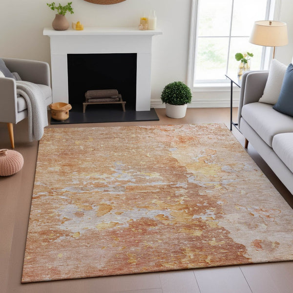 HomeRoots 8' Salmon Abstract Area Rug with Gold & Ivory - Washable, UV-Protected, Stain-Resistant Design 692206