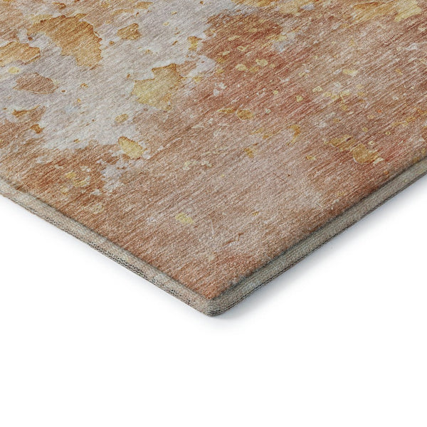 HomeRoots 8' Salmon Abstract Area Rug with Gold & Ivory - Washable, UV-Protected, Stain-Resistant Design 692206