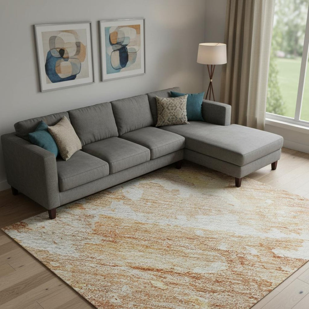 HomeRoots 9' X 12' Stylish Salmon Ivory & Gold Abstract Washable Area Rug with UV Protection for Durability 692207