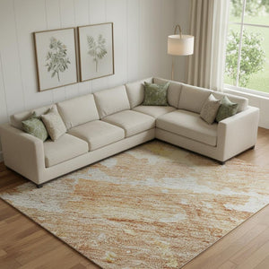HomeRoots 10' X 14' Oversized Salmon Ivory & Gold Abstract Washable Area Rug - UV Protected, Pet Friendly! 692208