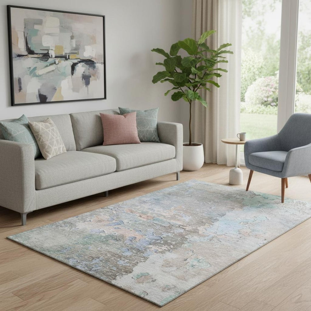HomeRoots 5' X 8' Abstract Taupe, Blue & Gray Washable Area Rug – Stain-Resistant, UV Protected & Non-Slip! 692210