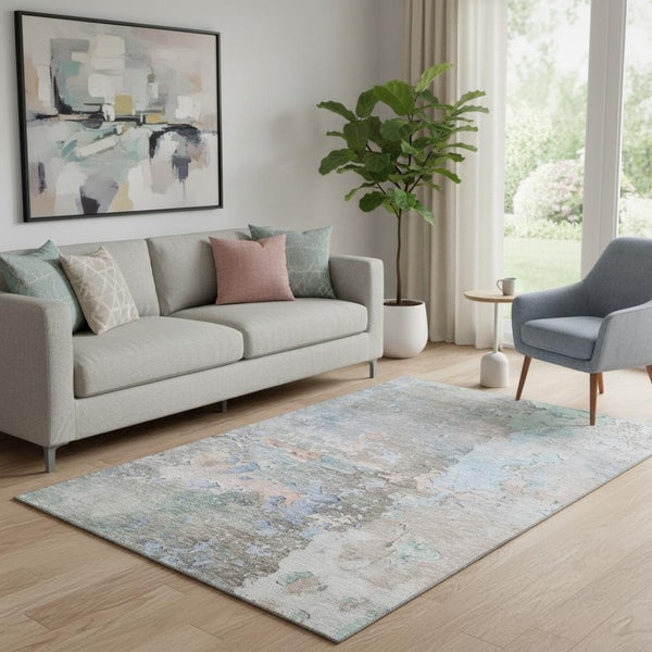 HomeRoots 5' X 8' Abstract Taupe, Blue & Gray Washable Area Rug – Stain-Resistant, UV Protected & Non-Slip! 692210