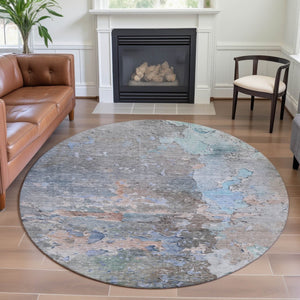 HomeRoots 8' Abstract Round Rug in Taupe, Blue & Gray - Washable, UV-Protected, Durable for High-Traffic Areas 692211