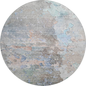 HomeRoots 8' Abstract Round Rug in Taupe, Blue & Gray - Washable, UV-Protected, Durable for High-Traffic Areas 692211