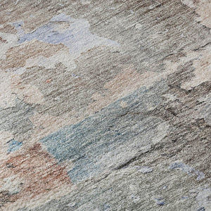 HomeRoots 8' Abstract Round Rug in Taupe, Blue & Gray - Washable, UV-Protected, Durable for High-Traffic Areas 692211