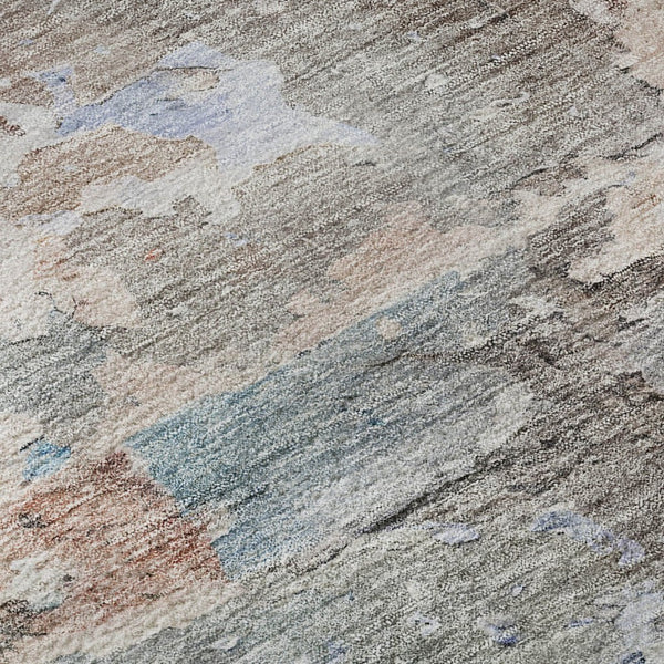 HomeRoots 8' Abstract Round Rug in Taupe, Blue & Gray - Washable, UV-Protected, Durable for High-Traffic Areas 692211