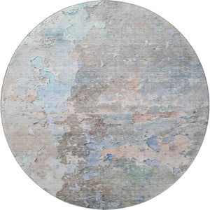 HomeRoots 8' Abstract Round Rug in Taupe, Blue & Gray - Washable, UV-Protected, Durable for High-Traffic Areas 692211