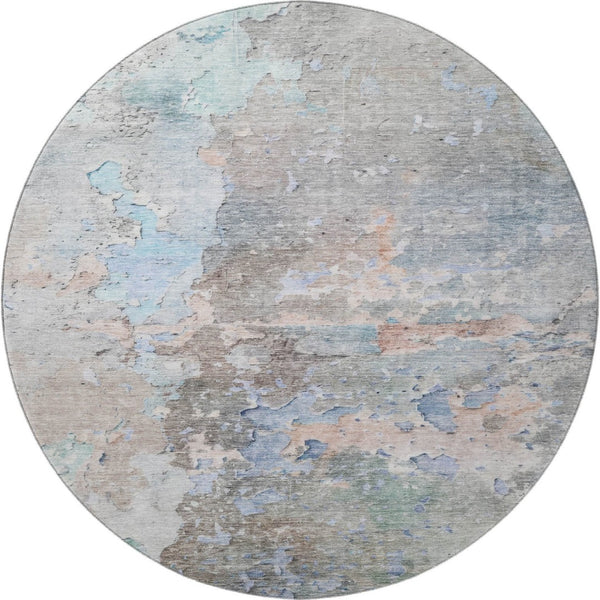 HomeRoots 8' Abstract Round Rug in Taupe, Blue & Gray - Washable, UV-Protected, Durable for High-Traffic Areas 692211