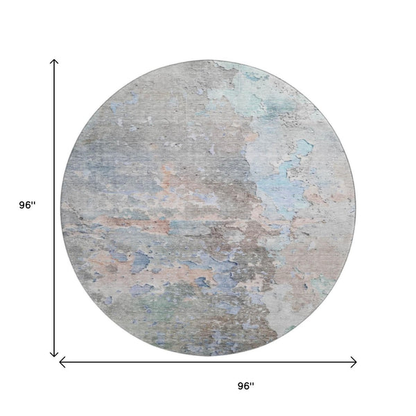 HomeRoots 8' Abstract Round Rug in Taupe, Blue & Gray - Washable, UV-Protected, Durable for High-Traffic Areas 692211