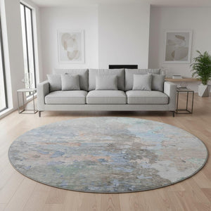 HomeRoots 8' Abstract Round Rug in Taupe, Blue & Gray - Washable, UV-Protected, Durable for High-Traffic Areas 692211