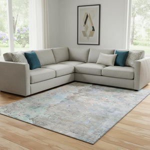 HomeRoots 8' Contemporary Taupe Blue Gray Abstract Washable Area Rug - UV Protected & Easy Care for Homes 692212