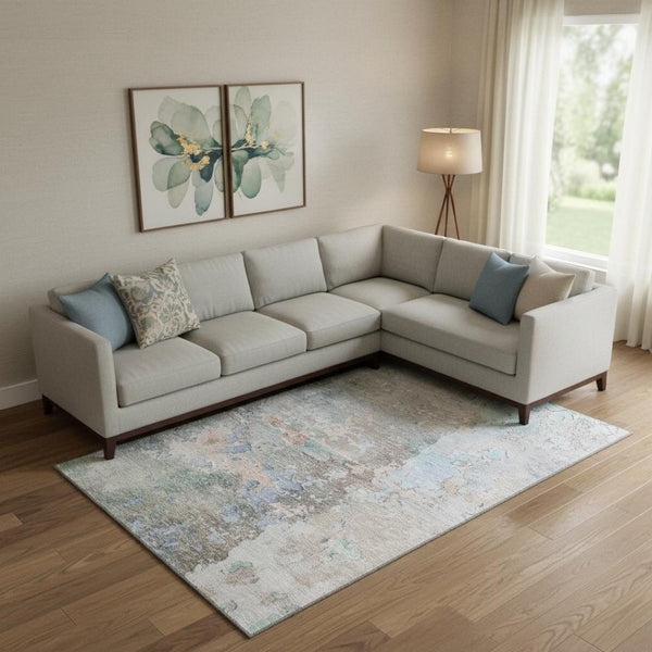 HomeRoots 10' X 14' Taupe Blue and Gray Abstract Washable Area Rug with UV Protection for Family Spaces 692214