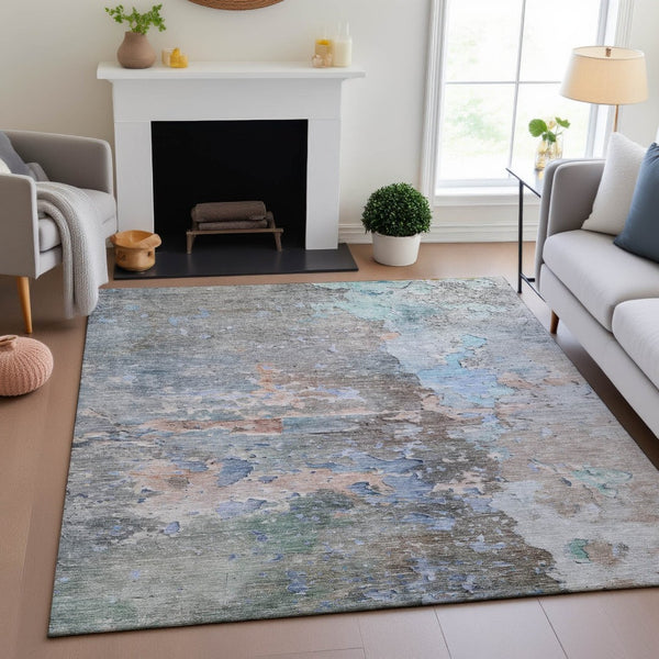 HomeRoots 10' X 14' Taupe Blue and Gray Abstract Washable Area Rug with UV Protection for Family Spaces 692214