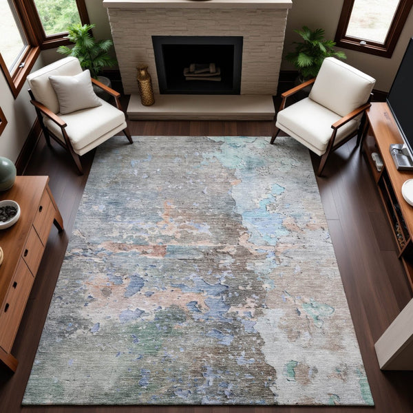 HomeRoots 10' X 14' Taupe Blue and Gray Abstract Washable Area Rug with UV Protection for Family Spaces 692214