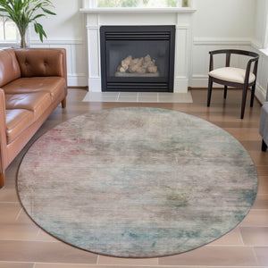 HomeRoots 8' X 8' Stylish Taupe, Blush & Teal Abstract Washable Round Rug with UV Protection for Home Decor 692217