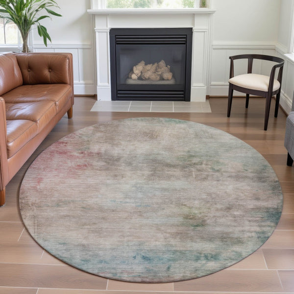 HomeRoots 8' X 8' Stylish Taupe, Blush & Teal Abstract Washable Round Rug with UV Protection for Home Decor 692217